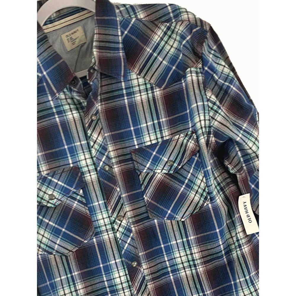 New Old Navy Mens XL Classic Fit Plaid Pearl Snap Shirt Top Long Sleeves Blue